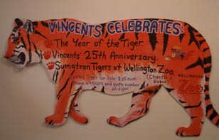 One of Vincents' painted, plywood tigers  