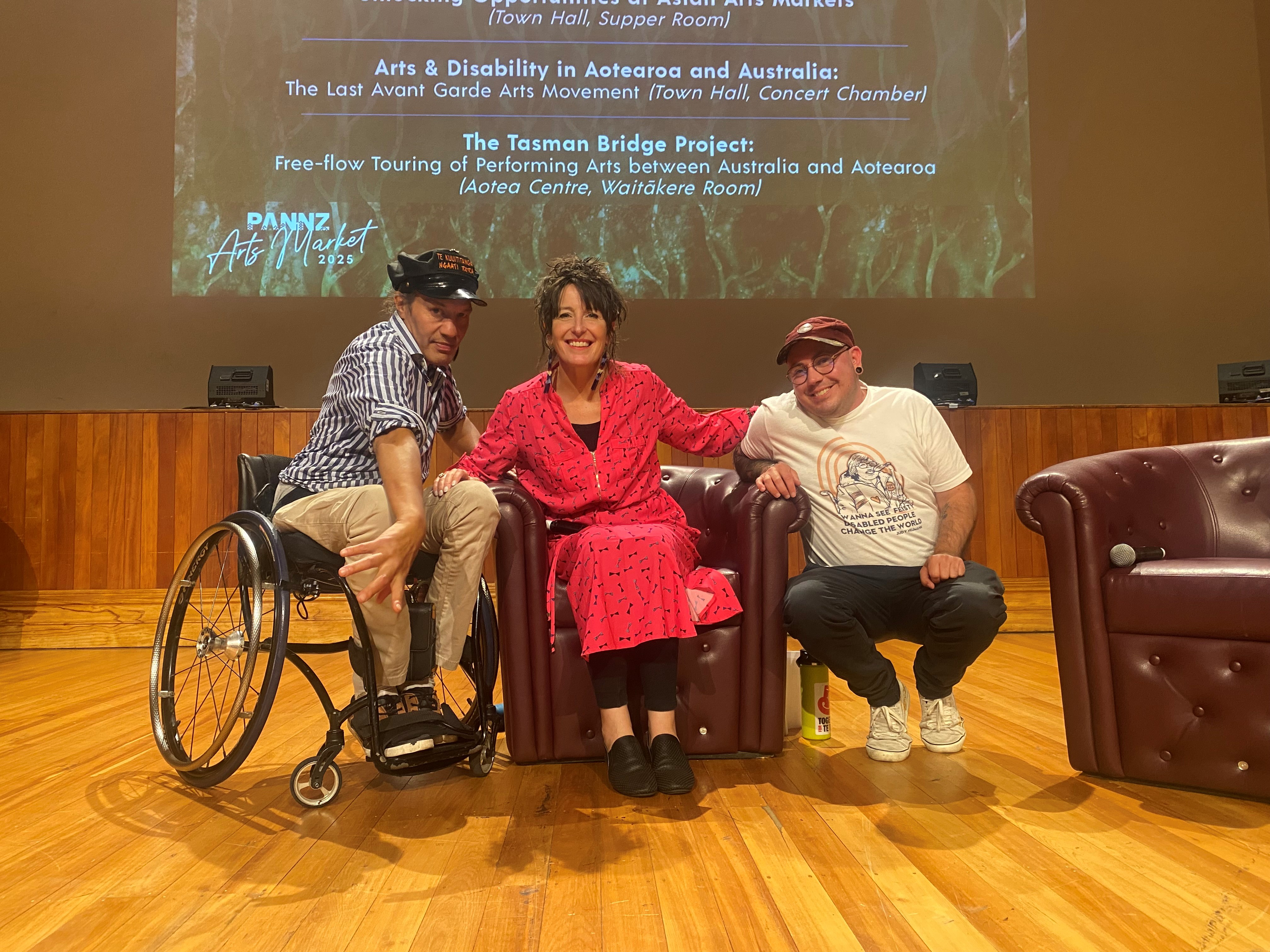 Rodney Bell, Jodee Mundy and Stace Robertson after presenting a panel on arts and disability at the Performing Arts Network New Zealand (PANNZ) Art Market 2025