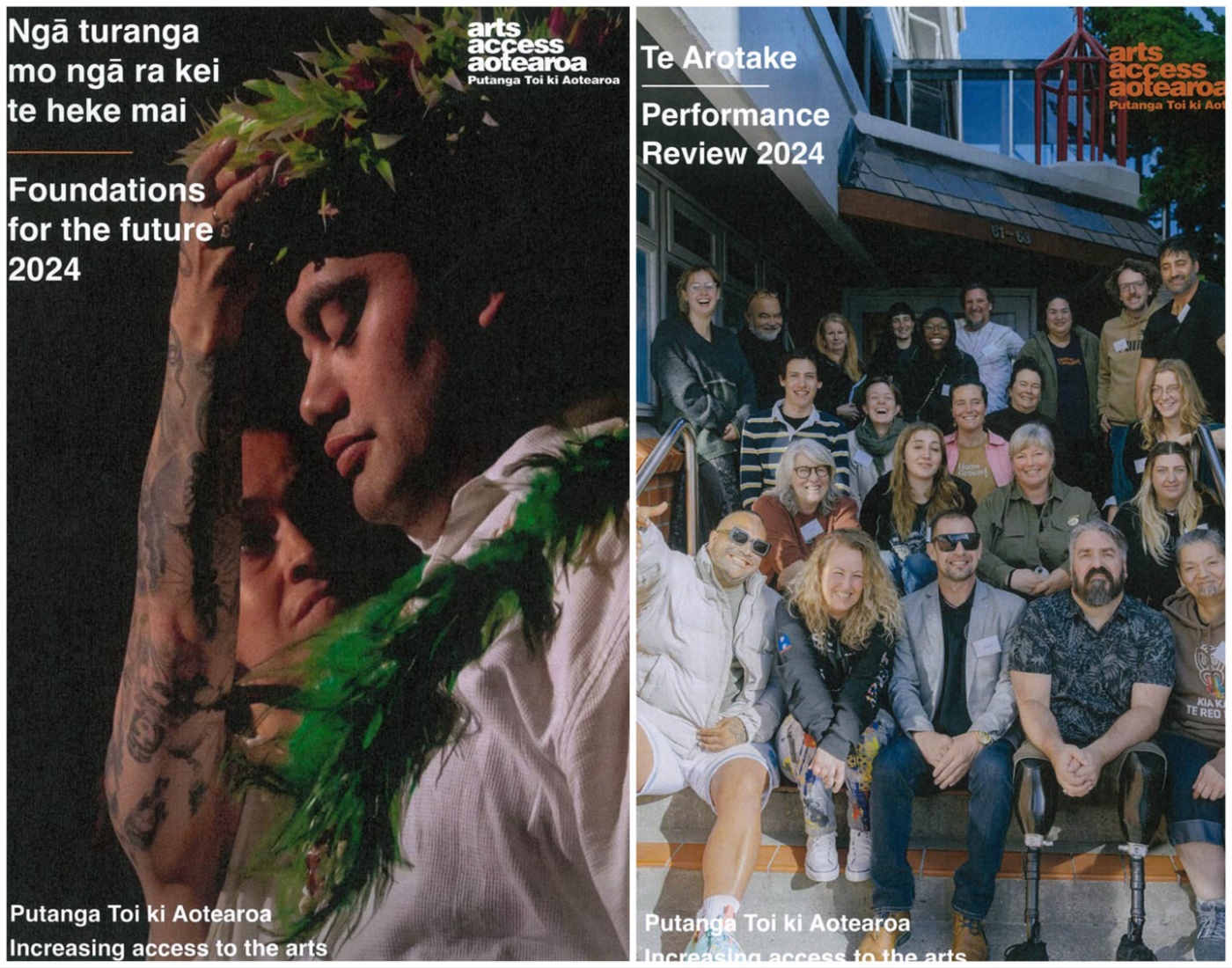 Two covers of Annual Report 2024: Foundations for the future with an image of Jolt dancer Jokani Coe, and the Performance review 2024 with an image of a grounf of Arts in Corrections educators who attended a wānanga facilitated by Arts Access Aotearoa