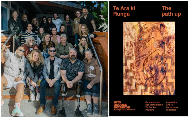 Two images: Left, a group of Arts in Corrections educators and artists attended a wānanga in May 2024 to discuss and share knowledge about the planned guide Right: The cover of Te Ara ki Runga, including an image of a carved work by Mark Lang 