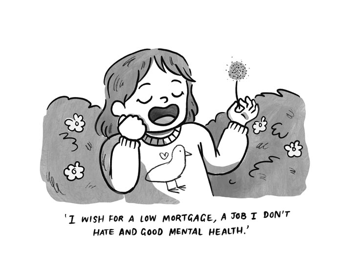 One of Kim Anderson's cartoons of a person saying, "I wish for a low mortgage, a job I don't hate and good mental health."