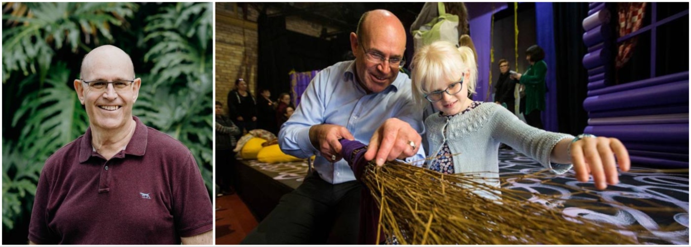 Two images: at left, a portrait image of Tim Bray and at right, Tim Bray Tim Bray talks to a girl about a bunch of long thin sticks during a touch tour of Badjelly the Witch