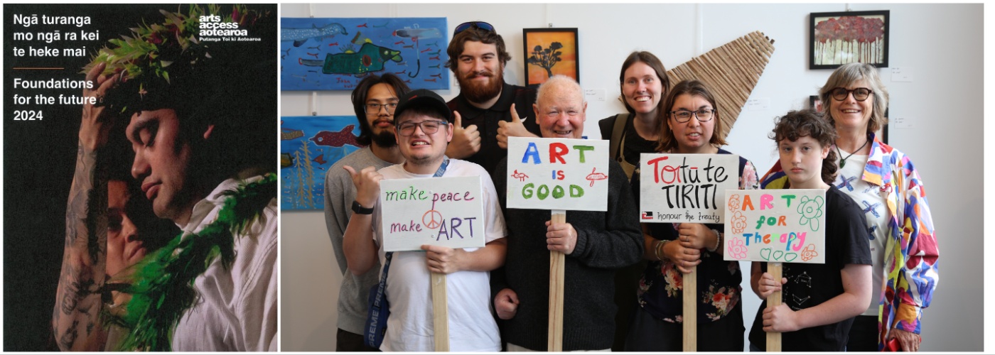 Two images: at left the cover of the Annual Report 2024 featuring Jokani Coe, one of the Jolt dancers who performed “Whakapapa” at Ngā Wāhi Auaha Creative Spaces Conference 2024 Photo: Neil Wallace. The image at right is of artists from Te Mana Tangata and Artists in the Making in the Coromandel, holding signs that celebrate the impact of art and showcasing their artworks at the Creative Spaces Art Exhibition in November 2024 