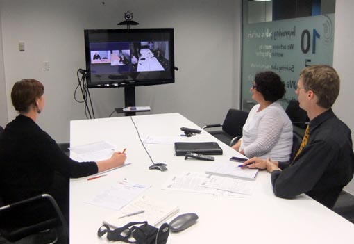 Corrections staff and Arts Access Aotearoa discuss the prison arts plans via an AV link