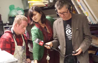 Martin Kerschbaumer and Rohana Weaver of Alpha Gallery and Studio with RNZ's Bryan Crump