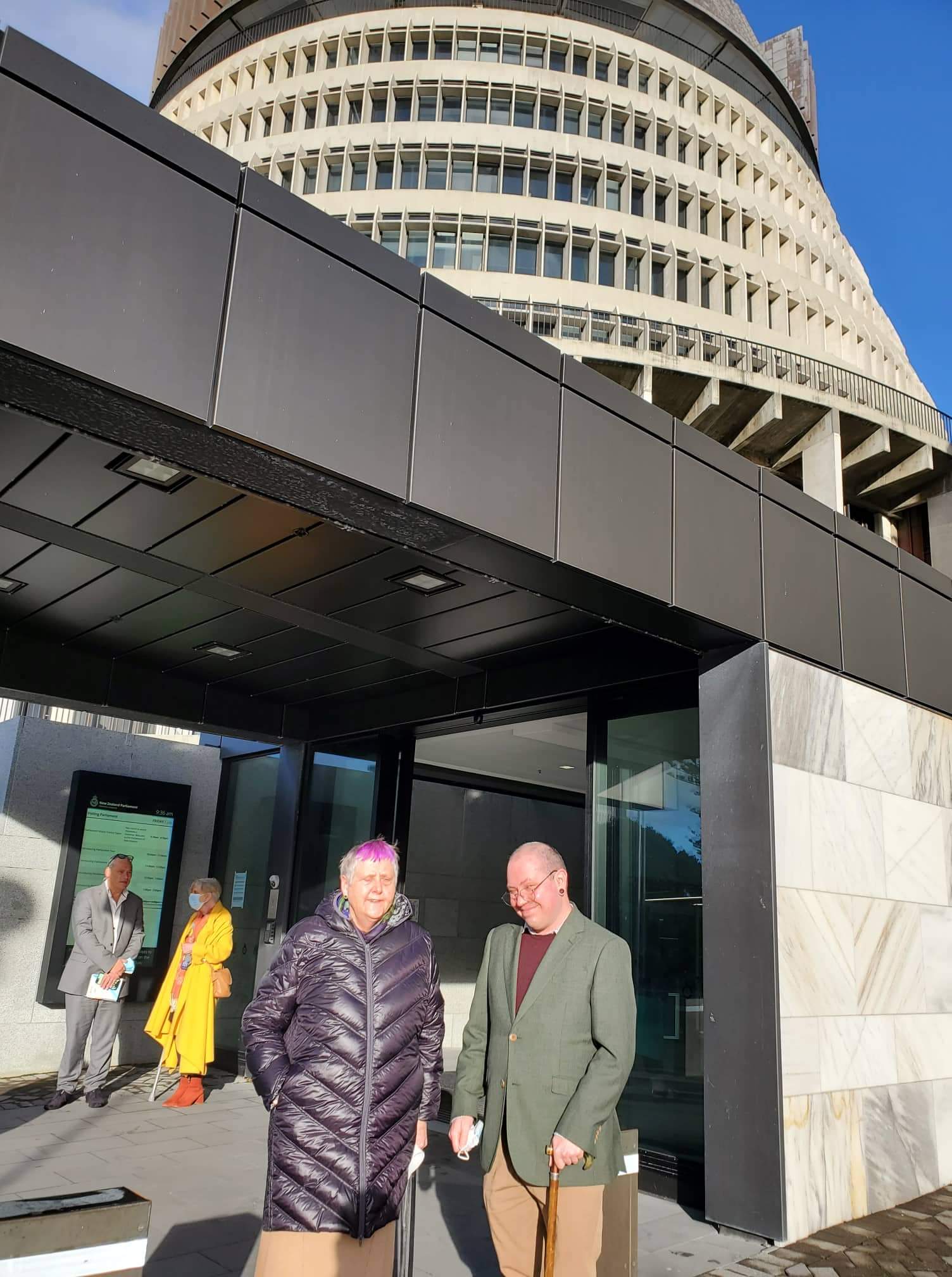 Disability advocate Robyn Hunt and Stace Robertson, Lead Accessibility Advisor, Arts Access Aotearoa, outside the Beehive before the launch of Whaikaha Ministry of Disabled People in July 2022