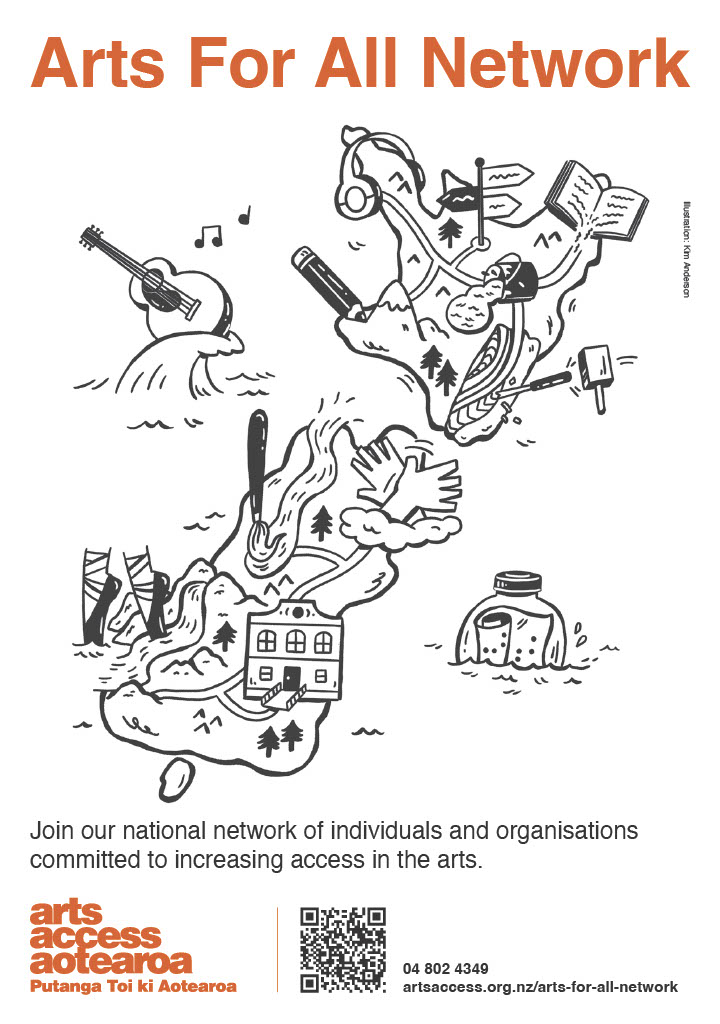 An illustrated map of New Zealand with the words Arts For All Network printed above the map