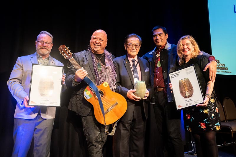 Arts Access Accolade recipients Hone Fletcher and Lawrence Ereatara with Richard Benge, Bill Kaua and Beth Hill at the 2021 awards.