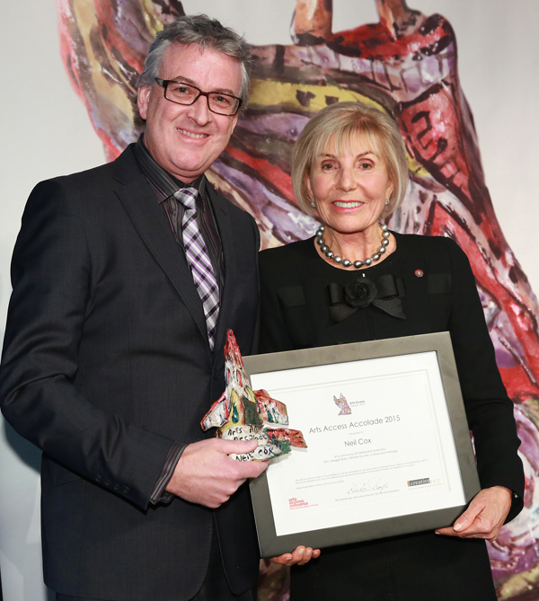 Arts Access Accolade recipient Neil Cox, CEO Isaac Theatre Royal, and Dame Rosie Horton