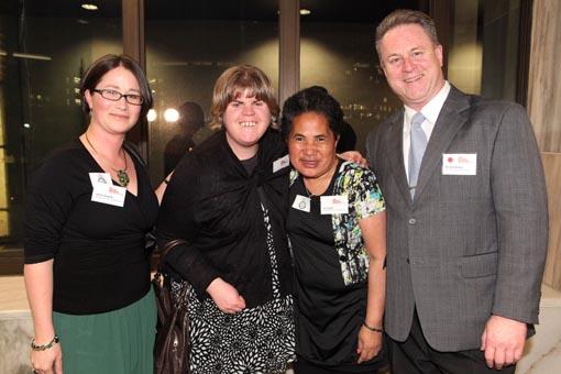 Alexia Garbutt, Jenna Maguren and Ake Pasilio of People First New Zealand, with Richard Benge