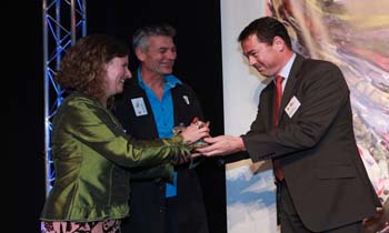 Olivier Lacoua, CQ Hotels Wellington, awards the Big 'A' CQ Hotels Wellington Community Partnership Award to Rachel Coppage (Giant Leap Foundation), Erwin van Asbeck (Toi Ora Live Art Trust) and Circability Trust (not present)