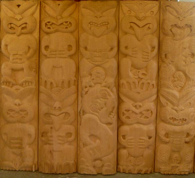 Work in progress ... Five of the ten poupou being carved for the new Ngati Porou Wharenui  at Porirua