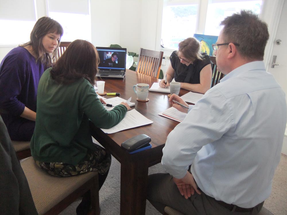 Arts Access Aotearoa staff have a Skype meeting about the arts planning survey with Moana Tipa 