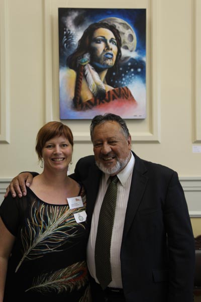 Jacqui Moyes and the Hon Dr Pita Sharples at the exhibition of prisoner art in Parliament